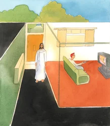 Iemand die Jezus Christus ontvangt in de Heilige Communie maar vervolgens nauwelijks met Hem praat in gebed is als een man die een bezoeker ontvangt en hem vervolgens in de gang achterlaat terwijl hij zelf televisie gaat kijken, 2005 (aquarel op papier)