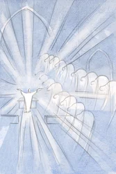 Engelen en heiligen buigen diep, aanbiddend, bij Christus