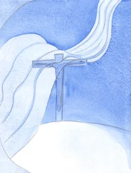 Terwijl Christus Zijn Bloed uitstort in een Nieuw Verbond, waait een grote kwaadaardige wind over het Kruis, dreigend en vernietigend