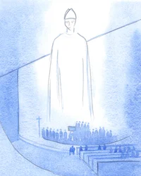 Toen de handen van een nieuwe priester werden gezalfd ("Moge Jezus je bewaren?"), stond Christus, gekleed als onze bisschop, in het heiligdom