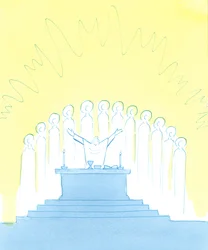 Terwijl we God prijzen tijdens de mis, met en door Christus, prijzen we Hem met de hele kerk, die de heiligen van de hemel omvat - hier rond het altaar - en de heilige zielen