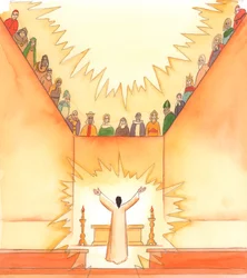 Tijdens de mis, als Christus tot de Vader bidt, kijken de heiligen toe vanuit de hemel en delen in onze gebeden, 2005 (aquarel op papier)