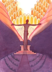 Tijdens de mis is het alsof er een gigantische Christus bij het altaar staat om de sluier die de hemel van de aarde verbergt te verscheuren, 2005 (aquarel op papier)