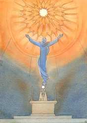 Bij elke mis spreekt Christus voor ons tot de onzichtbare Vader, terwijl alle heiligen van bovenaf toekijken in verwondering en dankbaarheid, 2005 (aquarel op papier)