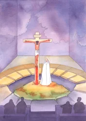 Bij elke Mis zijn we aanwezig bij het Offer dat eens werd gebracht op Golgotha, toen Christus voor ons leed en stierf, terwijl Zijn Moeder bij Hem stond, 2005 (aquarel op papier)