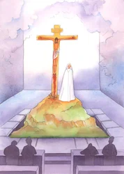 Bij elke Mis zijn we aanwezig bij het Offer dat eens werd gebracht op Golgotha, toen Christus voor ons leed en stierf, terwijl Zijn Moeder bij Hem stond, 2005 (aquarel op papier)