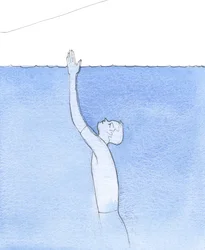 Aan het einde van zijn loutering in het vagevuur steeg deze gelukkige ziel op naar de hemel als een zwemmer die zich omhoog lanceert naar het oppervlak van de oceaan om de kust te bereiken, 2005 (aquarel op papier)