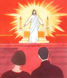 Christus vroeg me om tegen andere mensen te zeggen: "Als je Jezus in het heiligdom kon zien, die naar je kijkt als je binnenkomt, zou je dan betere kniebuigingen maken", 2005 (aquarel op papier)