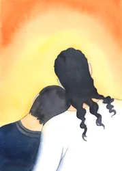 Christus nodigde me uit om op Zijn schouder te rusten. Hij kon zien hoe ziek en uitgeput ik was toen ik Hem ontving in de Heilige Communie, 2005 (aquarel op papier)