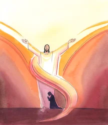 Christus is Echt Aanwezig in het tabernakel, voortdurend biddend voor ons, Zijn armen uitgestrekt in gebed naar de Vader boven, Die Christus ziet wonen in de glorie die wij nog niet kunnen zien