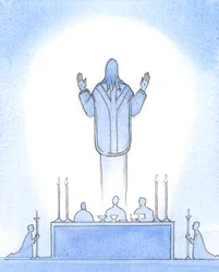 Christus onze verrezen Heer was Aanwezig boven het altaar, alsof Hij uit het graf opstond, Zijn handen opgeheven naar de Vader, bemiddelend voor ons die in Hem geloven, onze Hogepriester