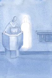 Christus stond naast de priester die het Heilig Evangelie aan ons allen voorlas, wat Christus