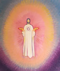 Christus de Hogepriester verschijnt in majesteit, Zijn gewaad draagt het beeld van de Doornenkroon