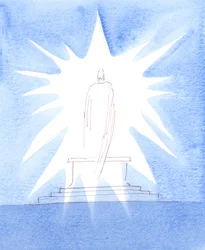 Christus was Aanwezig in glorie, bij de Consecratie, stralend van Goddelijke majesteit, Zichzelf openbarend als Ware God, mens geworden, Die in Zijn nederigheid bereid was vervolging en dood te aanvaarden, 2005 (aquarel op papier)