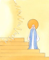 In een afbeelding van het Hemelse Hof, waar God de Vader in glorie regeert, wordt Onze Lieve Vrouw op de treden geplaatst die naar de troon van de Vader leiden