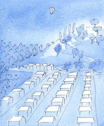 In oorlogstijd glipten sommige mensen weg uit een stad in duisternis, om zich aan te sluiten bij de partizanen in de heuvels, en te werken voor gerechtigheid en het verslaan van kwaadaardige veroveraars, 2004 (aquarel op papier)