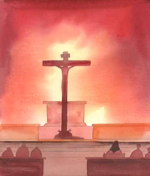 Het is een tragedie, in de ogen van Christus, dat veel katholieken wordt verteld dat de Mis gewoon een maaltijd is - zonder vermelding van het Offer dat Hij offerde op Golgotha, dat aanwezig is in ons heiligdom, 2005 (aquarel op papier)