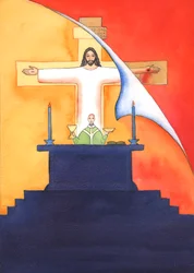 Jezus is aanwezig bij ons in de mis, biddend tot de Vader namens ons, om hulp in onze behoeften, en voor eeuwige redding. We kunnen al onze gebeden verenigen met zijn grote offergebed