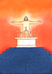 Jezus is bij ons aanwezig tijdens de Mis, biddend tot de Vader namens ons, voor hulp in onze behoeften en voor eeuwige redding. We kunnen al onze gebeden verenigen met zijn grote offergebed