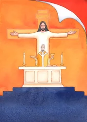 Jezus is bij ons aanwezig tijdens de Mis, biddend tot de Vader namens ons, voor hulp in onze behoeften en voor eeuwige redding. We kunnen al onze gebeden verenigen met zijn grote offergebed