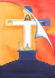 Jezus is bij ons tijdens de Mis, biddend tot de Vader namens ons, om hulp in onze behoeften en voor eeuwige redding. We kunnen al onze gebeden verenigen met zijn grote offergebed
