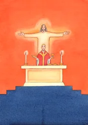 Jezus is bij ons aanwezig tijdens de mis, biddend tot de Vader namens ons, om hulp in onze behoeften en voor eeuwige redding. We kunnen al onze gebeden verenigen met zijn grote offergebed