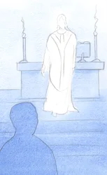 Jezus was aanwezig onder ons bij de Mis, gekleed als een priester, zich naar ons kerend om ons in gebed te leiden