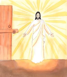 Zoals Jezus stilletjes door een gesloten deur kwam om bij zijn vrienden in de Bovenzaal te zijn en hen moed en vreugde te brengen, zo komt Hij stilletjes naar ons toe als we ons vertrouwen in Hem stellen, 2005 (aquarel op papier)