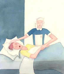 Net zoals een stervende zondaar (door Gods genade) gered kan worden van de hel door het bezoek van een liefdadig persoon, zoals een verpleegster, bijvoorbeeld, 2005 (aquarel op papier)