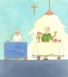 Leven in Christus houdt zowel vasten als feesten in. We moeten houden van wat goed is, maar bereid zijn dit op te offeren wanneer dat nodig is voor een nog groter goed, namelijk God, 2005 (aquarel op papier)