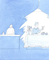 Leven in Christus houdt zowel vasten als feesten in. We moeten houden van wat goed is, maar bereid zijn dit op te offeren wanneer dat nodig is voor een nog groter goed, namelijk God, 2005 (aquarel op papier)