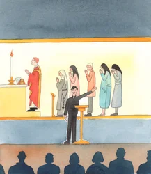 Veel katholieken van nu, die niet in alle leerstellingen van de Kerk geloven, schilderen een karikatuur van het tijdperk vóór het Laatste Concilie, 2005 (aquarel op papier)