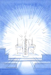 Op het feest van de Visitatie verscheen Christus, gekleed in een gouden kazuifel ter ere van Zijn Heilige Moeder Maria