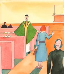 Priesters die luid praten in de kerk en het gebed van anderen verstoren tonen een gebrek aan eerbied dat een dieper gebrek aan respect voor de Heer kan weerspiegelen, 2005 (aquarel op papier)