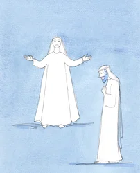 Jozef keek met ontzag, verwondering en liefde naar zijn vrouw Maria. Zijn toewijding aan haar was oprecht en niet aflatend, omdat hij zich bevoorrecht voelde om voor haar en haar goddelijke Zoon te mogen zorgen, 2005 (aquarel op papier)