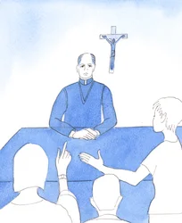 De Heer vraagt de bisschoppen om terug te kijken op hun leven. Hebben ze ooit verzuimd om zich uit te spreken over moraal, bijvoorbeeld uit angst om mensen boos te maken of weg te jagen, 2005 (aquarel op papier)