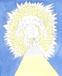 De Heer liet me zien dat de hemel als een cirkelvormig gebied vol goddelijke glorie is, bezet door de drie goddelijke personen en de engelen en heiligen
