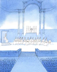 De Heer vertelde me dat de bisschoppen, bijeengekomen voor een speciale jubileumviering, een indrukwekkend beeld gaven van de bisschoppelijke macht, 2005 (aquarel op papier)