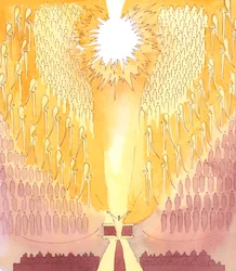 De Heer wil dat we allemaal weten dat wanneer we bidden door en met Christus in het Heilig Misoffer, we bidden tot de Vader, in de Geest, te midden van de heiligen, de engelen en de heilige zielen, 2005 (aquarel op papier)