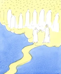 De gezegende ziel die tot het einde heeft volhard in de liefde voor Christus en haar naaste, wordt door Christus bij de hand genomen om de hemelse vrienden te ontmoeten die verzameld zijn om haar in hun gezelschap te verwelkomen