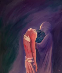 De bedroefde Maagd Maria houdt haar Zoon Jezus vast na zijn dood, tot in het hart doorboord van verdriet, maar vol geloof, 2000 (olieverf op board)