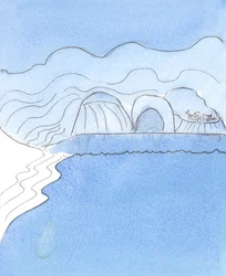 De ziel vol van Gods genade werd voorgesteld door een zacht glooiend strand, gewassen door de warme zee.