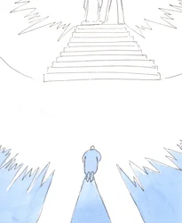 De ziel die klaar is om de hemel binnen te gaan, na het vagevuur en niet direct na de dood, knielt in ontzag voor de Godheid, en wacht op Christus en Onze Lieve Vrouw om hem naar het hart van de Vader te leiden