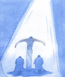 De lijdende Verlosser staat met uitgestrekte armen om berouwvolle mensen te beschermen; en de Vader kijkt liefdevol vanuit de hemel naar Zijn Zoon