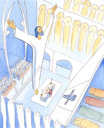 Het unieke krachtige gebed van Jezus in de Mis reikt door het dak en verenigt ons met de aanbidding van de Hemel , 2005 (aquarel op papier)