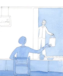Zij die genieten van visioenen, maar genoegen nemen met het ontbreken ervan, zijn als huisvrouwen die graag bezoek ontvangen voor koffie en een praatje, maar genoegen nemen met hun gewone werk, 2004 (aquarel op papier)