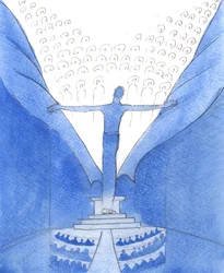 Door Hem, met Hem: Christus, onder ons aanwezig, verscheurt het gordijn dat ons van de hemel scheidt, 2005 (aquarel op papier)