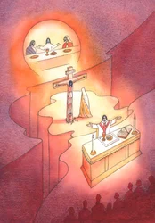 Door de Eucharistie, die werd ingesteld tijdens het Laatste Avondmaal, wordt het Offer van Golgotha in elke generatie opnieuw gepresenteerd
