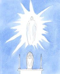 Terecht eren we Maria, de Heilige Maagd, door wie de Vader ons zijn Zoon gaf, en alle genaden die we ontvangen in de Kerk, vooral in de Heilige Eucharistie, 2005 (aquarel op papier)