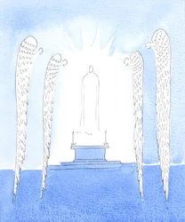 Wanneer Christus voor ons aanwezig wordt gesteld bij de consecratie, staan de heilige engelen met ontzag voor de liefde die Hij voor ons toont door op deze verbazingwekkende manier onder ons te komen, 2005 (aquarel op papier)